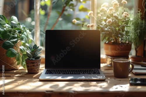 A high-quality laptop and coffee cup mockup in a minimalist workspace, suitable for presenting website designs, blog layouts, and digital content creation concepts. Generative Ai.
