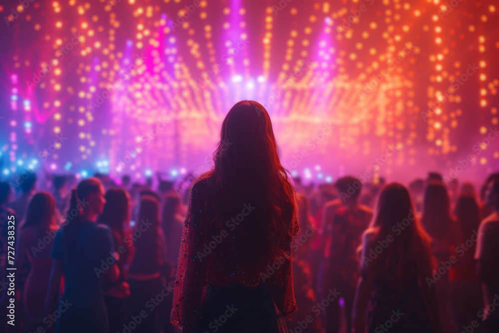 A diverse crowd enjoying a music festival, dancing under colorful lights against a starry night sky. Concept of celebration and live entertainment. Generative Ai.