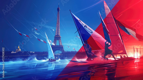 Sailer in action on the water over blue, white and red background. Paris 2024. Sport illustration. photo
