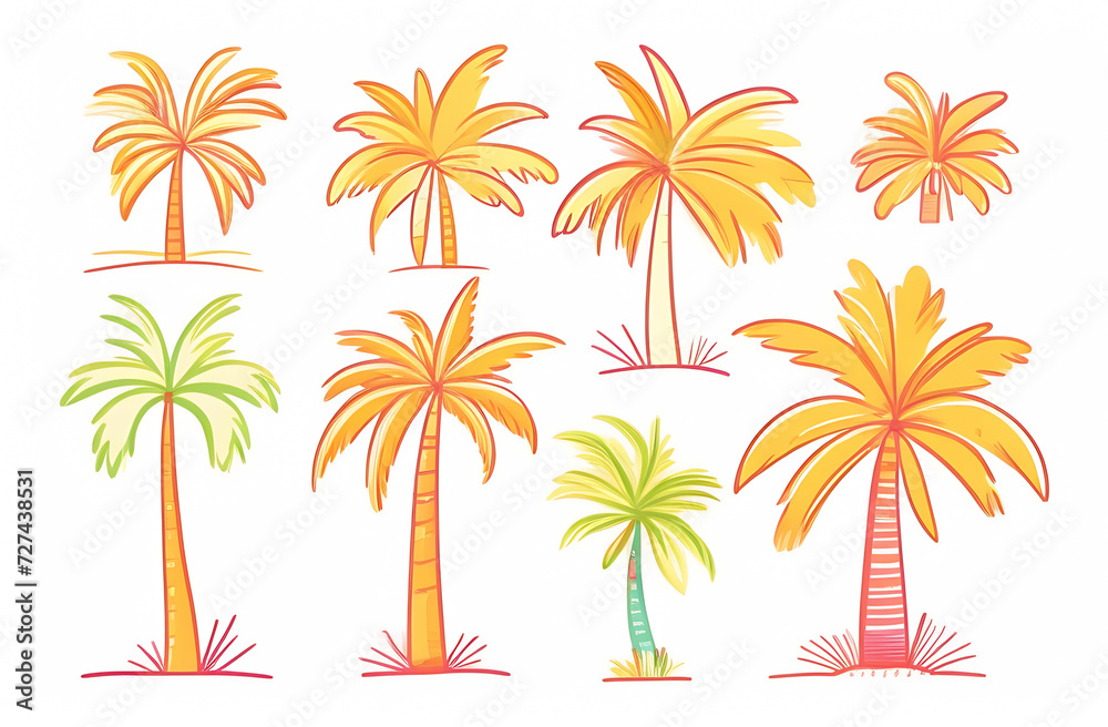 
Illustration of colorful palm trees on a white background