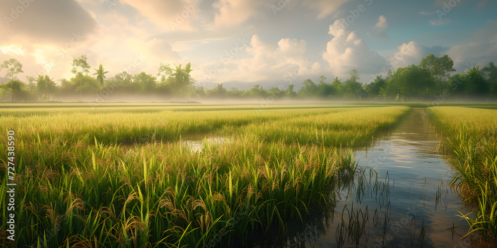 Rice field in the morning with fog and blue sky background