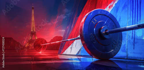 Weightlifting barbell on the court over blue, white and red background. Paris 2024. Sport illustration.
 photo