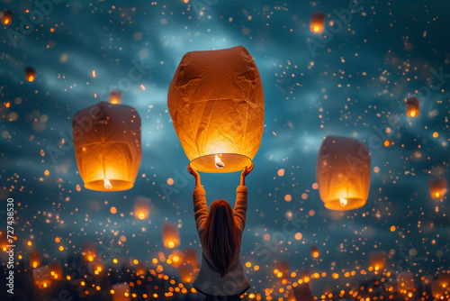 A pair of hands releasing a paper lantern into the night sky during a lantern festival, symbolizing hope and dreams taking flight. Concept of celebration. Generative Ai.