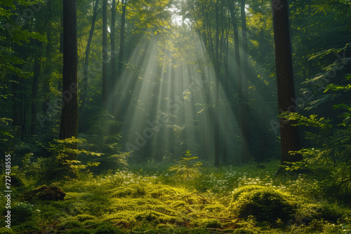 A tranquil forest scene with sunlight filtering through the trees, conveying the peace and serenity of nature. Concept of mindfulness and natural beauty. Generative Ai.