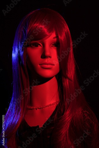 Plastic woman mannequin with bright long red hair posing on a black background with red and blue side lighting effects photo