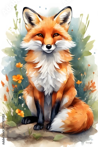 Fox watercolor painting on white background.