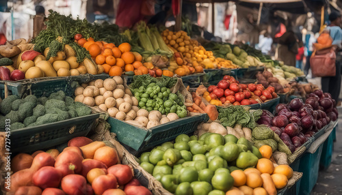 Vegetables and fruits. Street vendor's shop. Plenty of ripe, low-calorie foods. AI generated