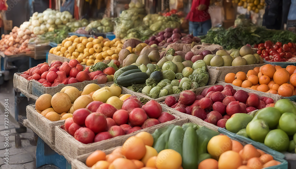Fruits and vegetables. Street vendor's shop. Lots of low-calorie ripe foods. Selective focus. AI generated
