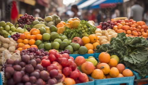 Fruits and vegetables. Street vendor stall. Lots of low-calorie ripe foods. Selective focus. AI generated