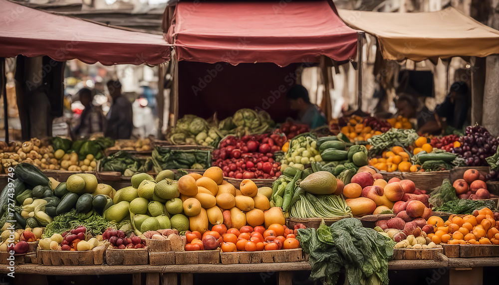 Vegetables and fruits. Street vendor's shop. Plenty of ripe, low-calorie foods. Selective focus. AI generated