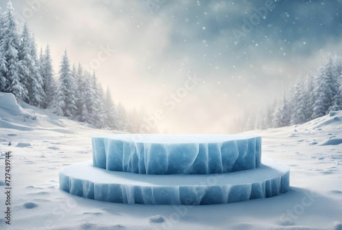 Blue Ice Podium with Abstract Hazy Sky, Winter, Snow and Tall Forest Trees. Winter Fantasy Landscape.