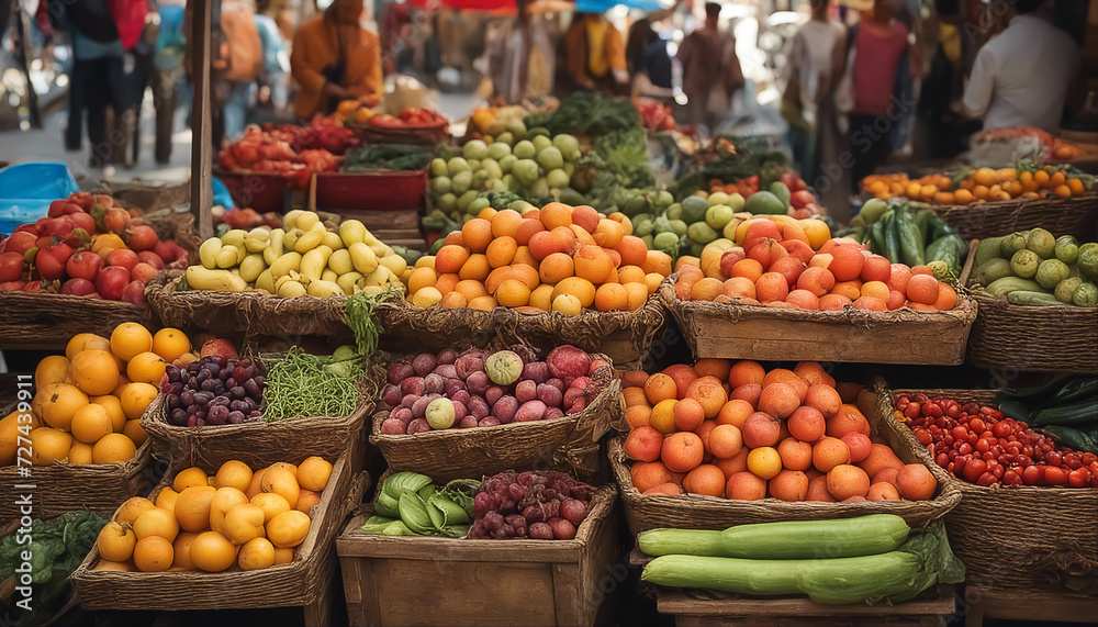 Fruits and vegetables. Street vendor's shop. Lots of ripe low-calorie foods. AI generated