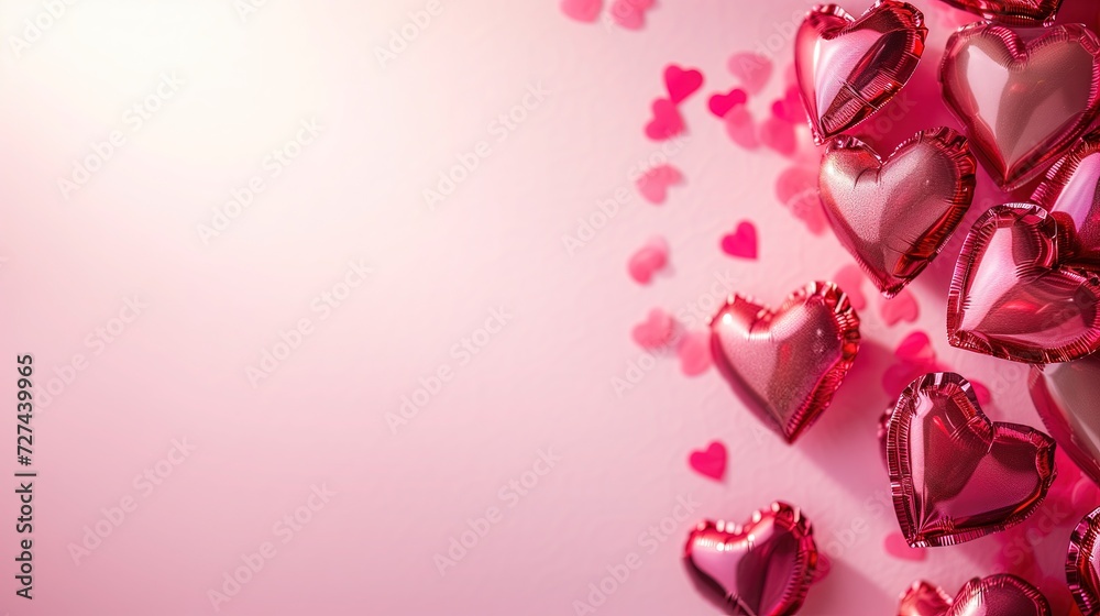 Na różowym tle widzimy tłumione serca balonów, tworząc romantyczną i przyjemną atmosferę. - obrazy, fototapety, plakaty 