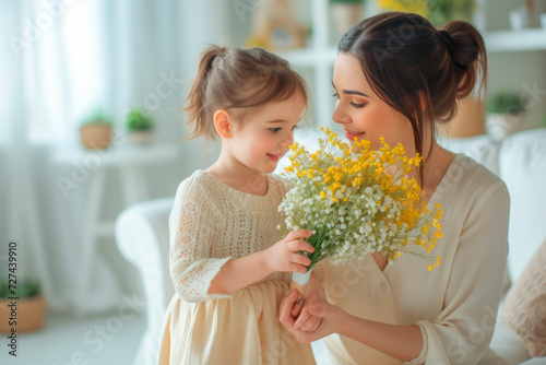 Happy little girl daughter giving bouquet of wild flowers to mother sitting on sofa on Mother's Day, copy space