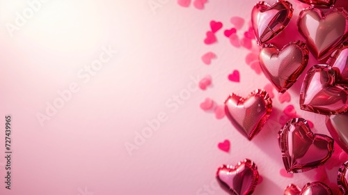 Na różowym tle widzimy tłumione serca balonów, tworząc romantyczną i przyjemną atmosferę.