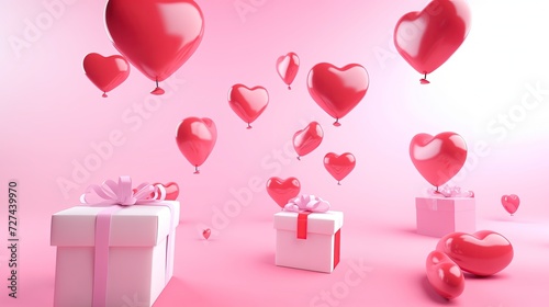 Tłum balonów w kształcie serc unoszących się nad pudełkiem prezentowym.