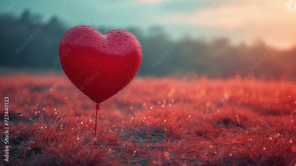 Czerwony balon w kształcie serca leży na polu. - obrazy, fototapety, plakaty 