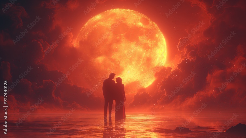 Para stoi na tle wielkiego jasnego księżyca w romantycznej scenerii chmur - obrazy, fototapety, plakaty 
