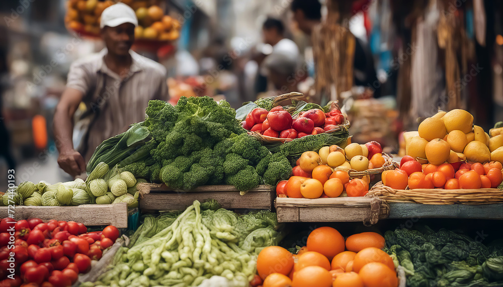 Fruits and vegetables. Street vendor stall. Lots of low-calorie fresh foods. AI generated
