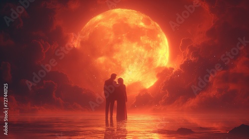 Para stoi na tle wielkiego jasnego księżyca w romantycznej scenerii chmur photo