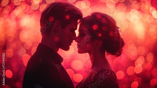 Para zakochanych tworząca serce z kształtu swoich głów na tle romantycznego stylu bokeh i różu