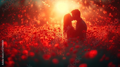 Para całująca się na polu kwiatów w dniu Walentynek, wyrażając miłość i romantyzm.