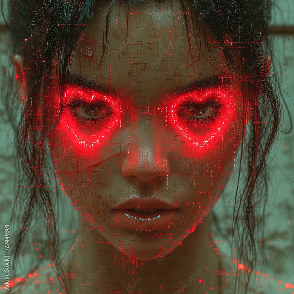 Cyberpunkowa kobieta z neonowymi sercami wokół oczu - obrazy, fototapety, plakaty 