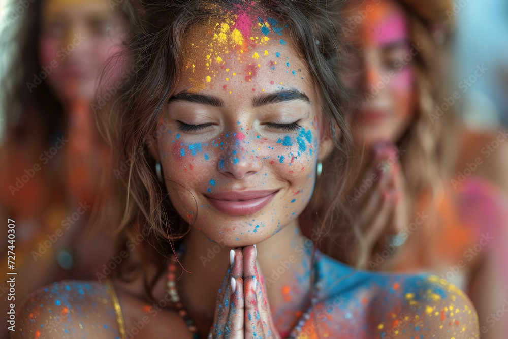 Holi-themed yoga and wellness events, combining the joy of celebration with activities promoting health and mindfulness. Concept of holistic well-being. Generative Ai.