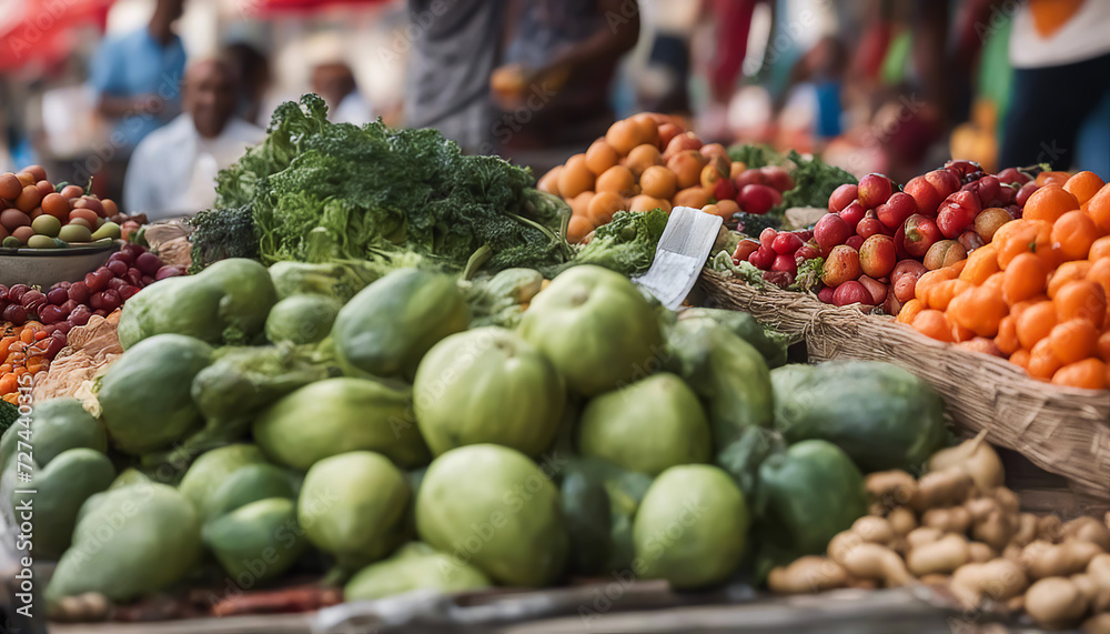 Fruits and vegetables. Street vendor's shop. Lots of low-calorie fresh produce. AI generated