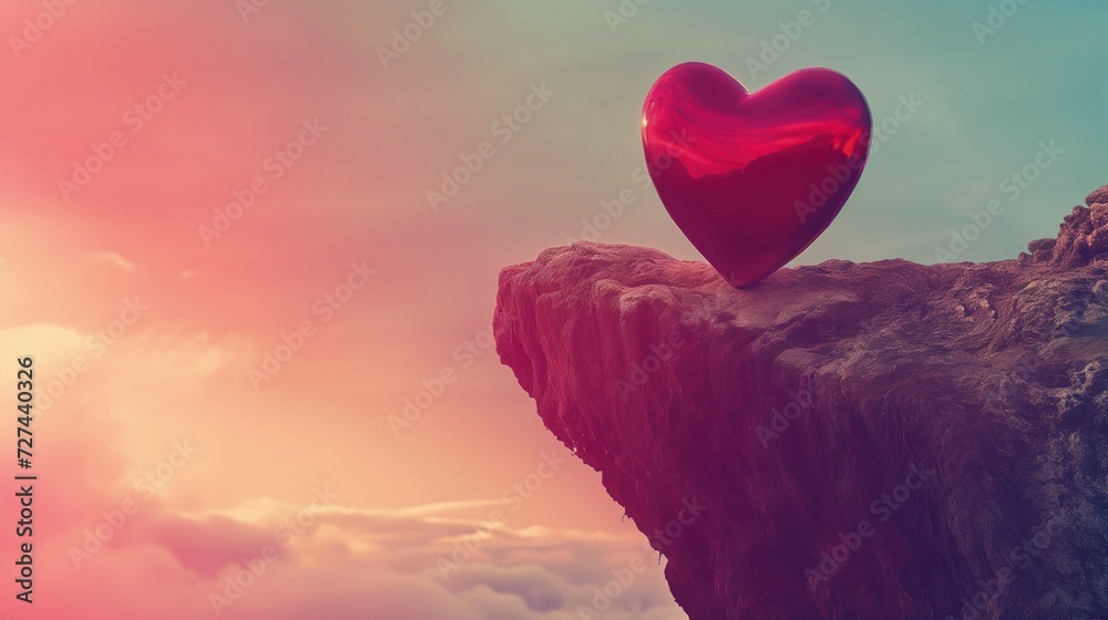 Czerwone serce leżące na szczycie klifu, symbolizujące miłość, kochanie i romans. - obrazy, fototapety, plakaty 