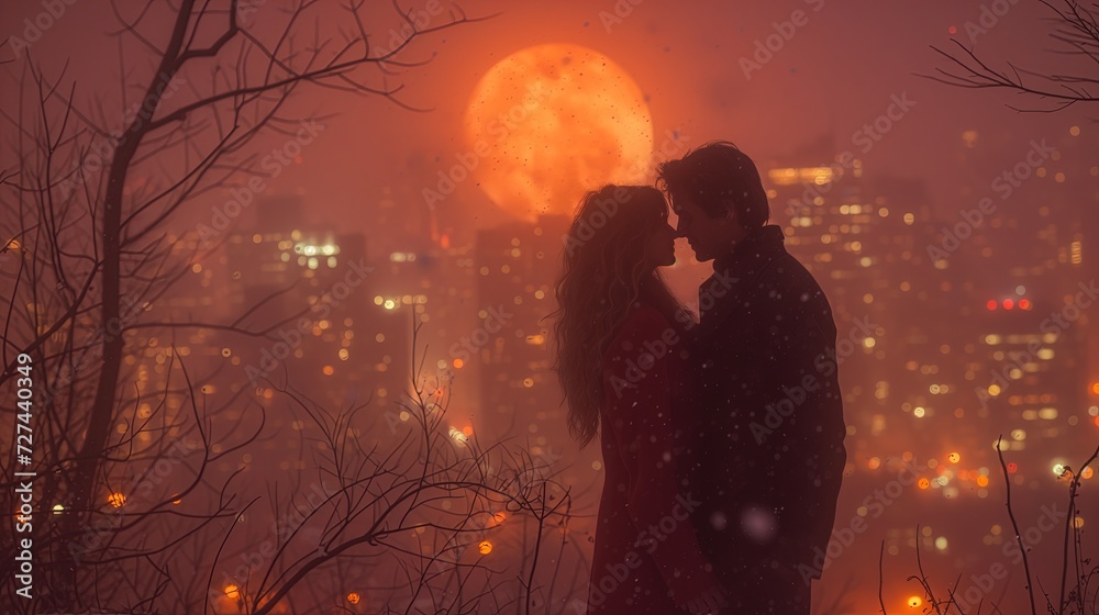 Mężczyzna i kobieta stojący przed miastem nocą, podczas obchodów Walentynek. Na tle absurdalnie dużego rozświetlonego księżyca - obrazy, fototapety, plakaty 