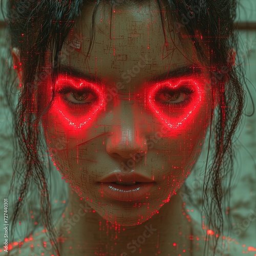 Cyberpunkowa kobieta z neonowymi sercami wokół oczu