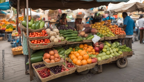 Fruits and vegetables. Street vendor stall. Lots of low-calorie fresh produce. Selective focus. AI generated