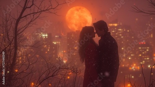 Mężczyzna i kobieta stojący przed miastem nocą, podczas obchodów Walentynek. Na tle absurdalnie dużego rozświetlonego księżyca