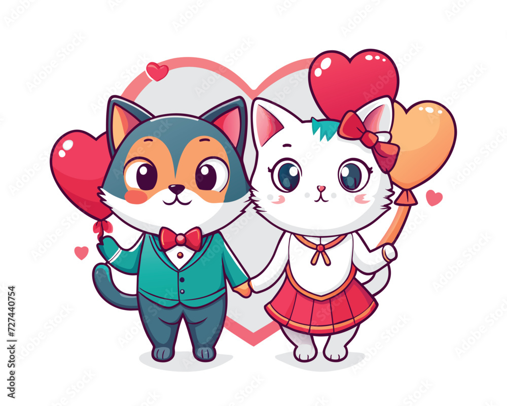 cute cat couple characters in love valentine's day vector illustration