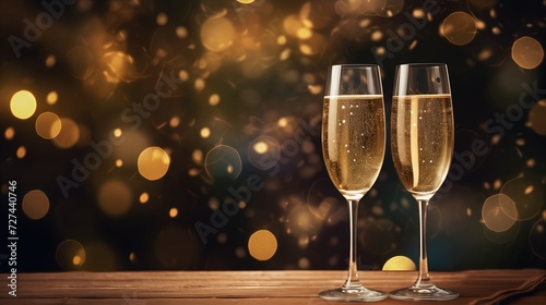 Dwa kieliszki szampana stojące na stole przy okazji Walentynek, kochania oraz romansu.