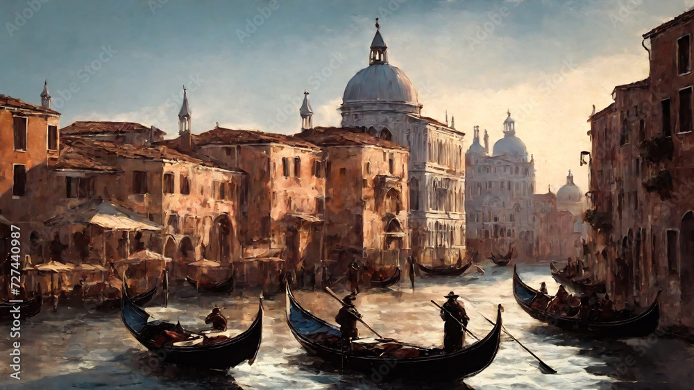 Obraz premium venice landscape oil painting, gondola in venice, watercolor, oil painting for printing, painting on canvas, beautiful view