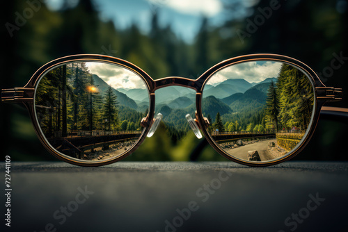 A pair of glasses revealing hidden patterns in the world, indicating new perspectives. Concept of visionary insight. Generative Ai. © Sebastian