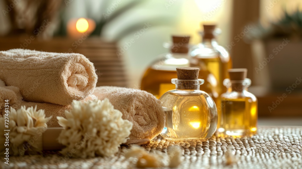 Towel on fern with candles and black hot stone on wooden background. Hot stone massage setting lit by candles. Massage therapy for one person with candle light. Beauty spa treatment and relax concept. Towel on fern with candles and black hot stone on wooden background. Hot stone massage setting lit by candles. Massage therapy for one person with candle light. Beauty spa treatment and relax concept.