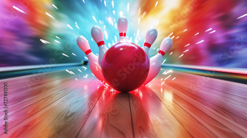 Fotografering Bowling alley with neon lights and bowling ball in the middle of the alley