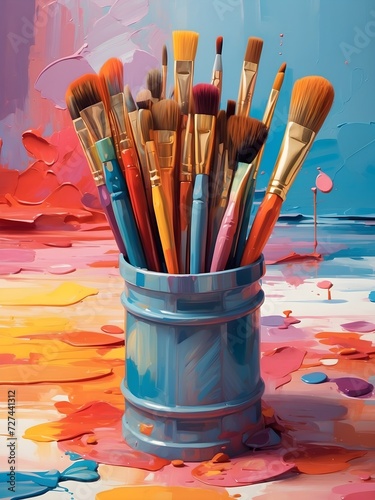 World art day template April 15th, painting brushes colour palette background, artistic banner, copy space area