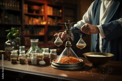 A pharmacist weighing ingredients on an old-fashioned scale  representing the precision in medication formulation. Concept of meticulousness in pharmacy. Generative Ai.