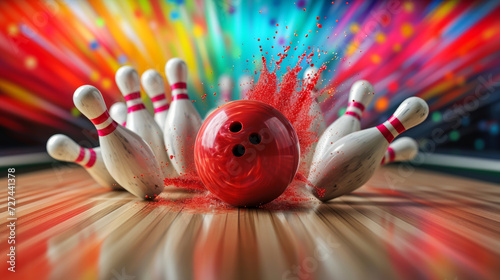 Bowling alley with neon lights and bowling ball in the middle of the alley. bowling ball ready to roll on a bowling lane with 10 pins in the background. Bowling ball put on alley with blurred bowling 