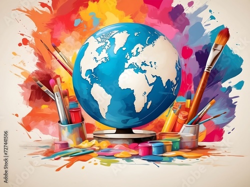 Obraz na płótnie World art day template April 15th, globe, painting brushes colour palette background, artistic banner, copy space area w salonie