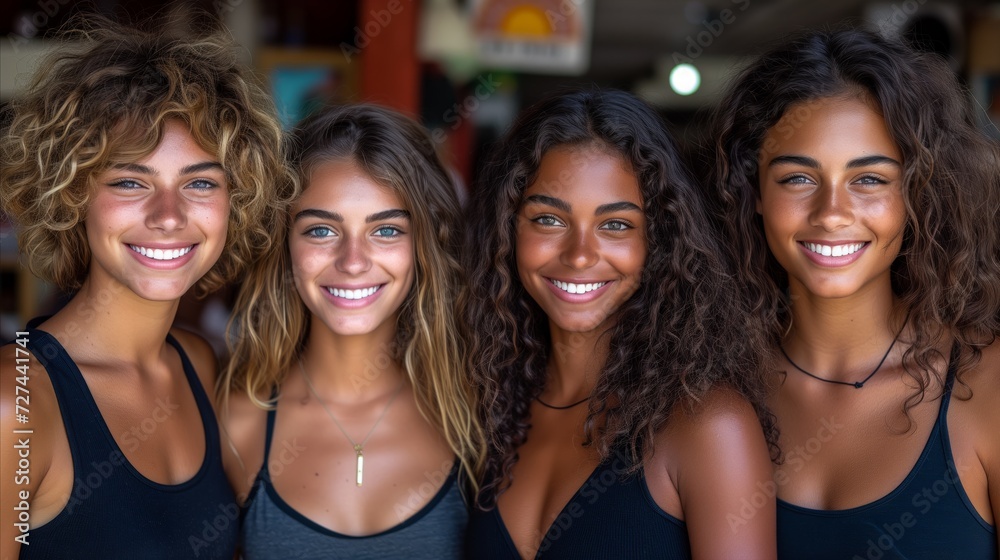 Radiant Smiles of Four Young Women in Casual Attire
