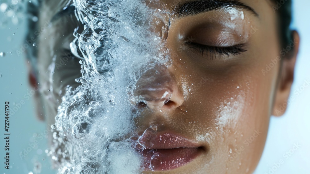Woman under water, divided by splashes symbolizing moisturizing and dries , esthetic concept