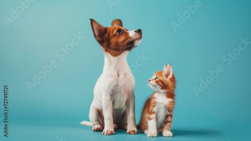 cute jack Russel dog and red cat isolated on blue background.