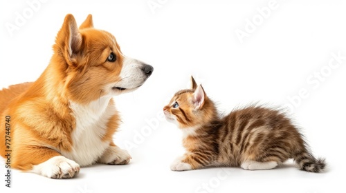 Cute dog corgi and cat isolated on white background.
