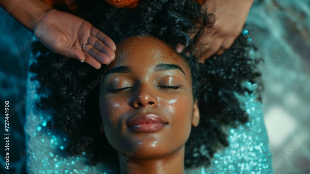 Beautiful Afro American Woman Getting Face massage In Luxury Spa Salon, Masseur Making Double Chin Treatment Procedure To Relaxed Mature Female Lying With Eyes Closed, Closeup Portrait