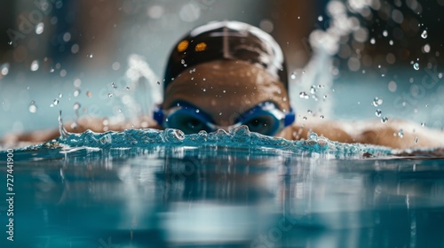 Woman swimming in the pool with only the head out of water, generated with AI